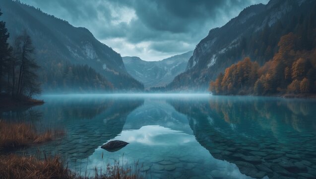 Serene lake landscape surrounded by mountains with mist and cloudy sky. Nature scene with water, trees, and distant hills. Tranquil outdoor environment. - Powered by Adobe