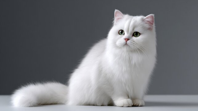 Elegant white long-haired domestic cat with green eyes sitting on gray background showcasing fluffy fur and attentive expression