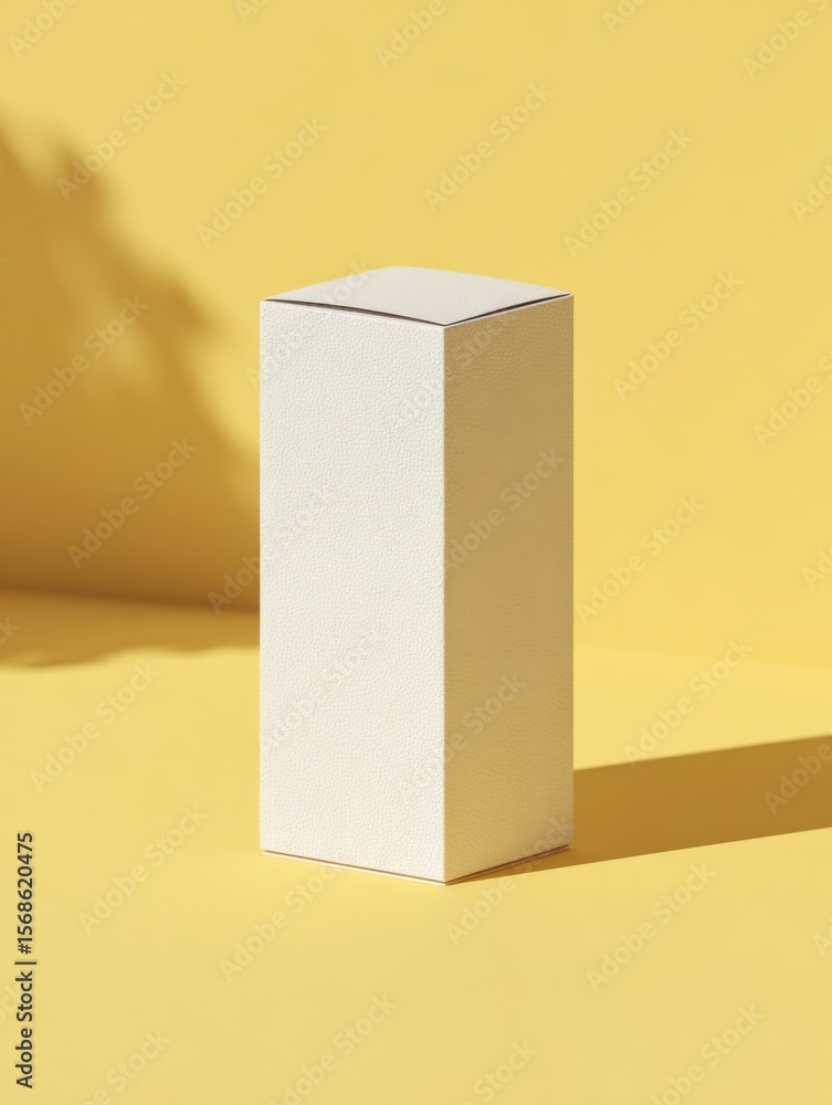 Poster minimalist white rectangular box on bright yellow background with shadow for product display and mod