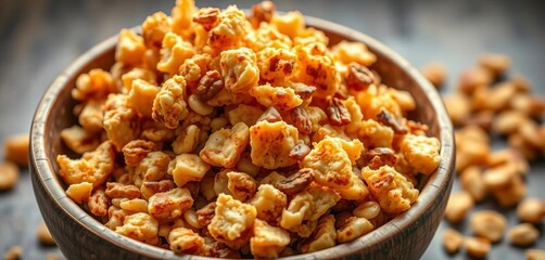 Golden brown toasted muesli clusters in a rustic bowl,  bowl, toasted muesli