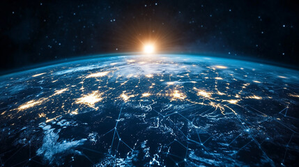 Modern communication technology concept showing global network connections across Earth. Includes symbols of internet business, telecommunication, cryptocurrency, blockchain, and IoT innovation.

