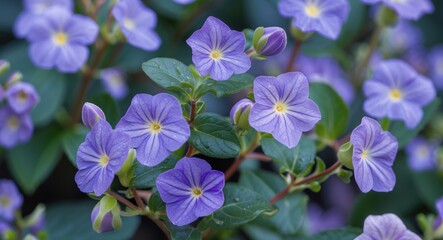 Purple flowers with yellow centers and green leaves.