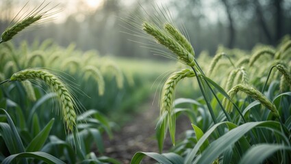 Lush green wheat field with mature crop heads, sunny day, lush vegetation, nature, agriculture, environment, abundance, healthy plants.