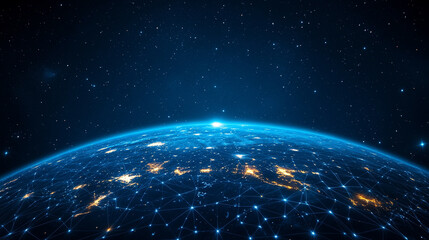 Modern communication technology concept showing global network connections across Earth. Includes symbols of internet business, telecommunication, cryptocurrency, blockchain, and IoT innovation.

