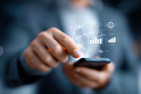 modern businesswoman using smartphone with holographic data analytics and technology icons for digital marketing and data analysis