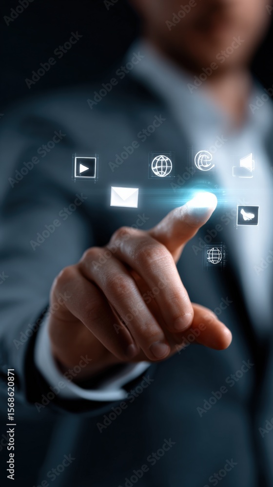 Poster businessperson interacting with digital communication icons representing technology, connectivity, a