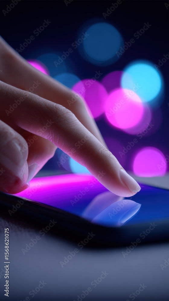 Poster Close-up of a person's finger touching a smartphone screen with colorful bokeh lights in the background for modern technology and digital interaction concept