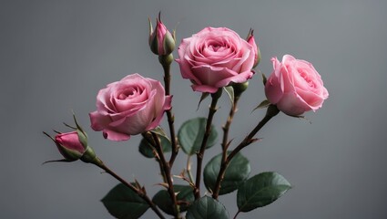 Naklejka premium Pink roses with buds and green leaves against a gray background