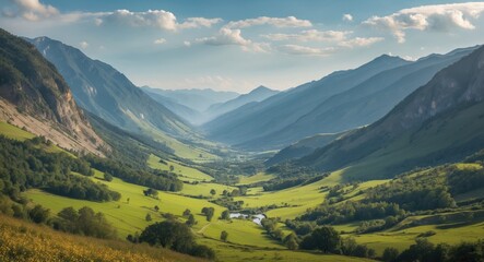 Obraz premium Vast mountain valley landscape with lush green fields, river, and towering peaks in the distance under a partly cloudy sky.