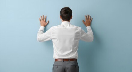 Rear view of a man in a white shirt and gray pants against a light blue wall with hands raised and touching the surface