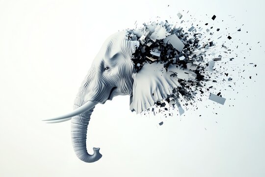A creative representation of an elephant's head exploding with abstract shapes and textures, symbolizing transformation.