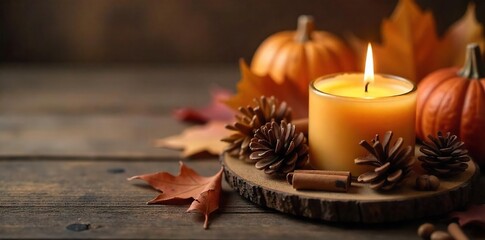 Cozy Autumn Candlelight Cinnamon-Scented Flame Amidst Dried Leaves and Pinecones on Rustic Wood