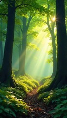 Magical Sun-Dappled Forest Floor Peaceful Nature Scene with Soft Light Filtering Through Leaves, Perfect for Fantasy and Fairytale Themes