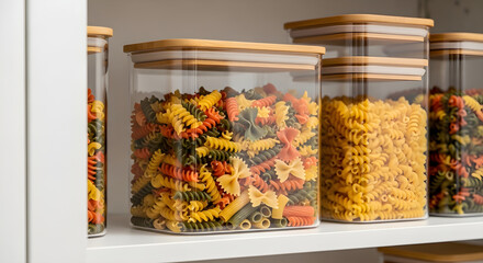 Colorful pasta in storage containers on shelf