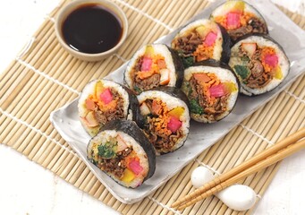 Kimbap or also known as gimbap is a typical Korean rice roll