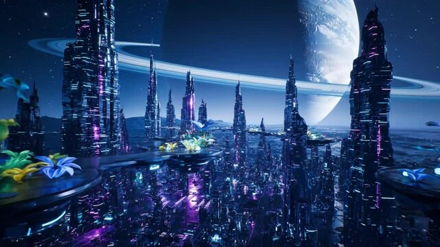 Futuristic Alien Cityscape with Towering Structures, Planetary Rings, and Exotic Flora