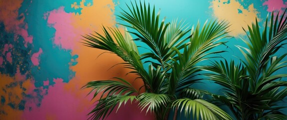 Vibrant tropical palm leaves against a colorful abstract background.