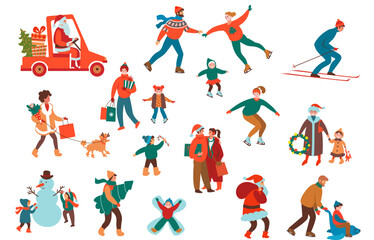 Christmas characters. People and winter activity. Vector illustration set