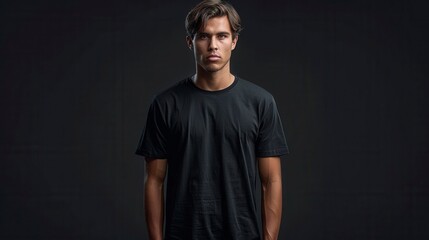 Naklejka premium Intensely gazing, dark-haired man in a dark t-shirt stands centered against a muted dark backdrop