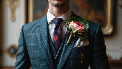 A man in a checkered suit with a flower boutonniere on his lapel, dressed formally with a tie, in an elegant setting.