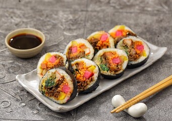 Kimbap or also known as gimbap is a typical Korean rice roll