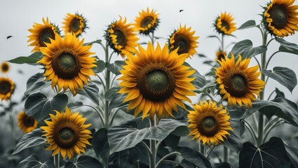 Sunflowers in full bloom with yellow petals and green leaves.