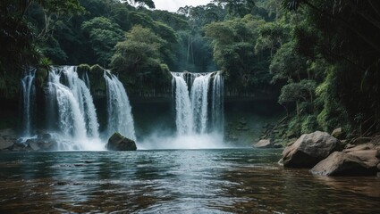 Naklejka premium Waterfalls in a lush forest setting with flowing water and rocks. Nature and landscape scene. Forest environment and scenic view. The concept of natural water features.