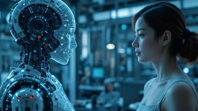 AI humanoid hologram robot shares knowledge with human {female} during singularity symbolizing agent autonomy and future AGI technology using super intelligence. 4k video