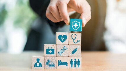 Concept shows healthcare, health insurance by wooden blocks