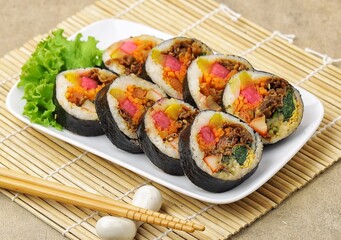 Kimbap or also known as gimbap is a typical Korean rice roll
