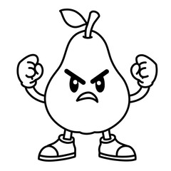 Cartoon character sketch of a snarling angry pear, pear icon, pear logo, great as a sticker or emot.