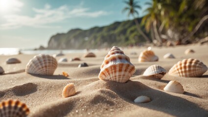 Seashells scattered on sandy beach with palm trees and cliffs in the background. Coastal landscape, nature, and relaxation scene.
