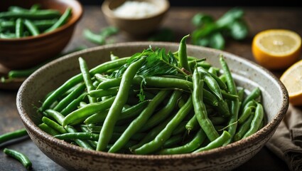 Fresh green beans in a rustic bowl with lemon halves and herbs, ready for cooking or serving.