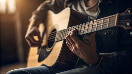 Obraz premium Close-up of Hands Playing Acoustic Guitar A Musical Moment
