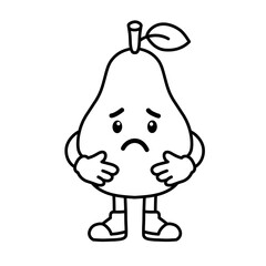 Cartoon character sketch of a sad pear, pear icon, pear logo, great as a sticker or emot.