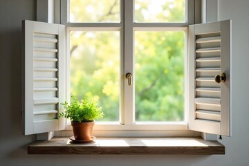 Serene Sunlight Streams Through White Shutters onto a Rustic Windowsill, Featuring a Succulent Plant. Ideal for Home Decor, Interior Design, and Springtime Themes.