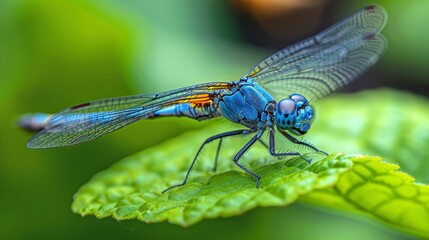 Iridescent blue dragonfly perches delicately on bright green leaf