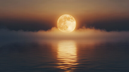 harvest moon rising over calm lake reflecting moonlight, mist hovering over water, golden and silver color palette