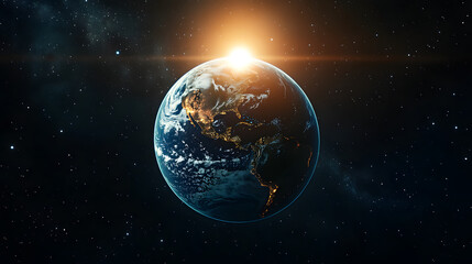 Fototapeta premium Earth in orbit with sun positioned directly behind equator, space background with stars, equal illumination of both hemispheres, balanced cosmic light