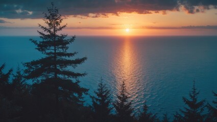 Sunset over the ocean with silhouetted trees and clouds. Nature and scenic landscape, peaceful and tranquil scene. The beauty of nature during sunset.