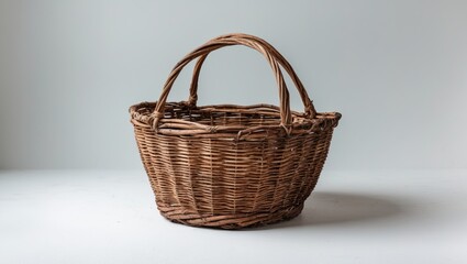 Wicker basket on a light background. Traditional woven basket, craftsmanship, home decor, picnic basket, natural material.