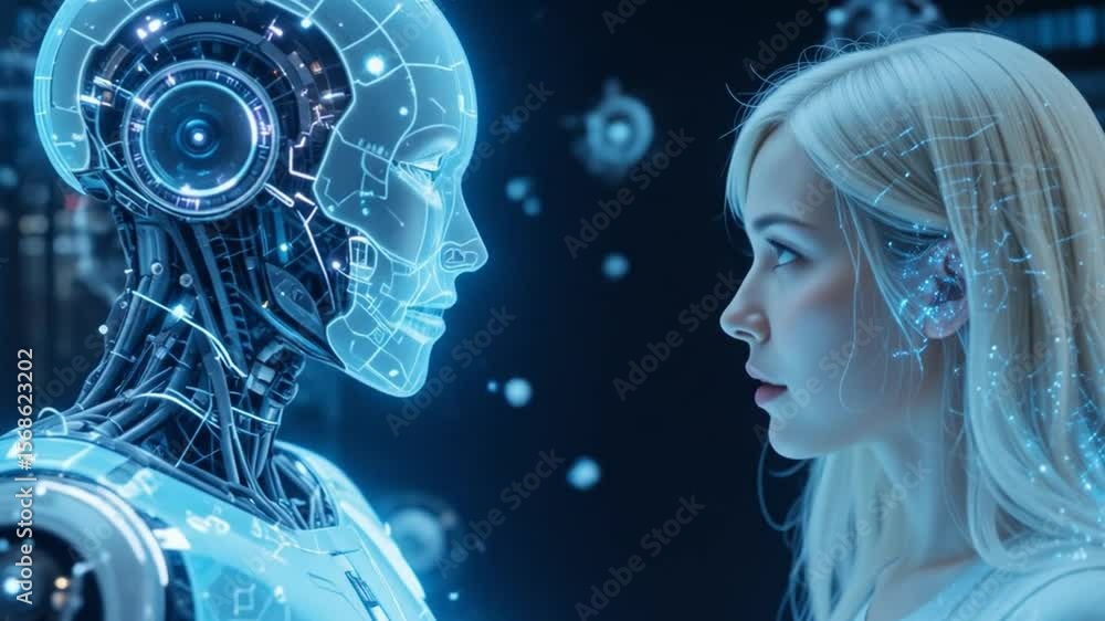 Aufkleber ai humanoid hologram robot shares knowledge with human {female} during singularity symbolizing agent