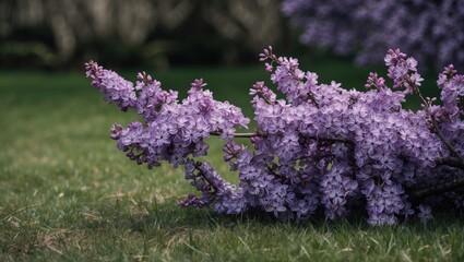 Obraz premium Purple lilac flowers lying on the grass in a garden.