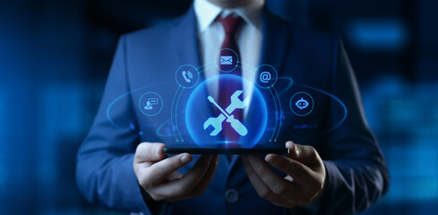 Businessman Holding smartphone with Technical Support Icons on Screen. Customer Service and Support concept