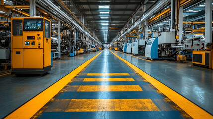 Long industrial factory interior featuring rows of heavy machinery and equipment. High-tech manufacturing environment with metallic structures and bright lighting. Spacious and orderly layout. Caption