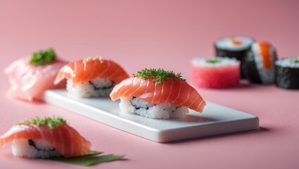 Sushi placed on a white rectangular plate with a pink background, featuring slices of salmon and other sushi rolls.