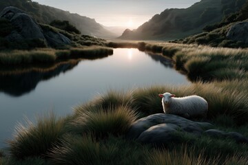 Serene Sunrise Sheep Grazing by Tranquil Mountain Lake, Peaceful Dawn Landscape Photography
