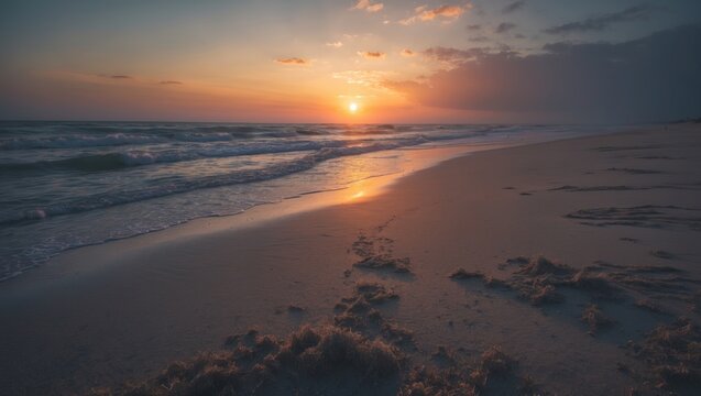 Sunset on the beach with waves and footprints, capturing a peaceful and scenic coastal view at dusk.