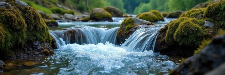 Crystal Clear Mountain Spring Water Cascading Over Mossy Rocks, Refreshing Nature Scene, Wilderness Travel Photography