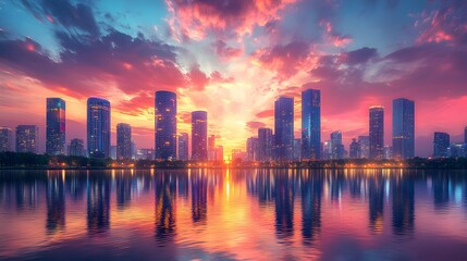 Fototapeta premium A vibrant cityscape at sunset creates a beautiful weather theme. Tall buildings reflect in the water, with a colorful sky filled with pink, orange, and blue hues over the skyline.